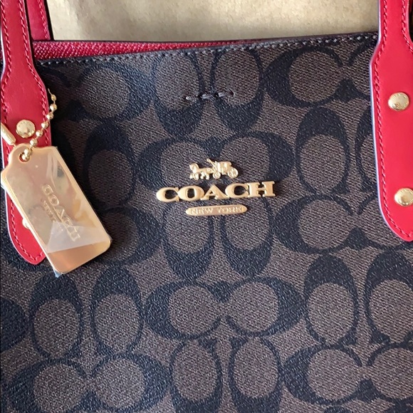 NWT coach signature town tote BROWN/red - Picture 5 of 8